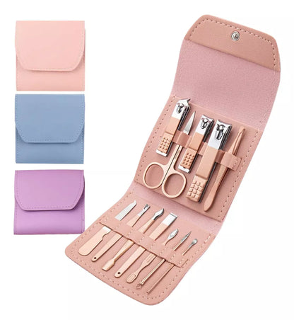 KIT MANICURE PEDICURE X12 PIEZAS ACERO INOXIDABLE MEDICO